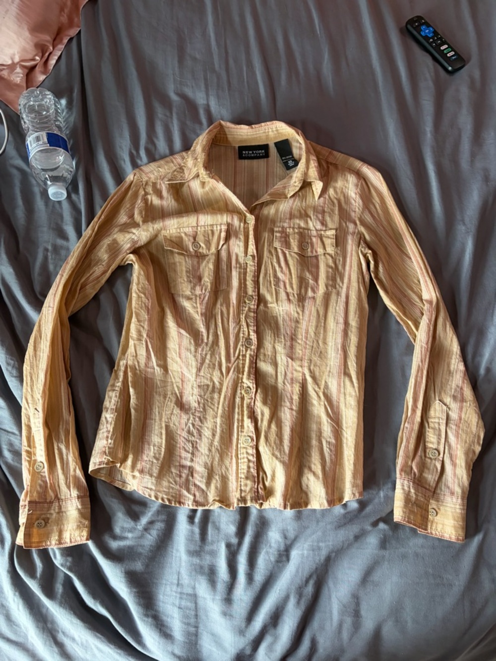 New York & Company Peach and Light Pink Striped Button-Up Shirt